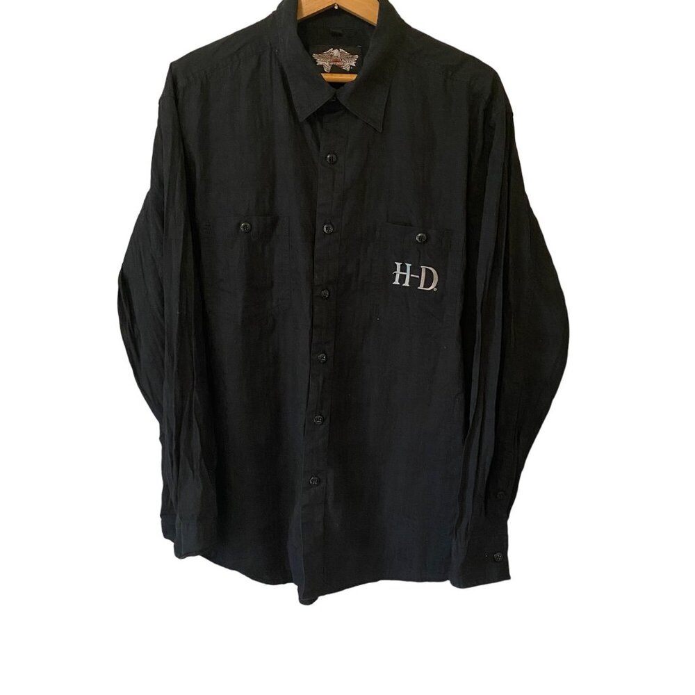 Men’s Harley Davidson Black Embroidered Button Down Shirt 100% Cotton Size XL